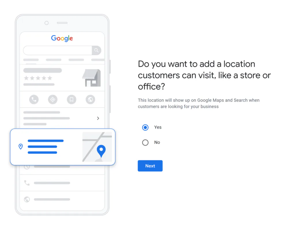 A smartphone screen displays a Google Business Profile interface asking,