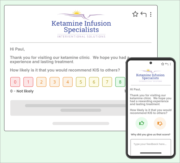 An email from Ketamine Infusion Specialists is displayed on a computer screen, asking the recipient, Paul, to rate their Ketamine Therapy experience with a likelihood scale from 0 to 10. A smartphone next to the screen shows the same email layout and content. - Ketamine