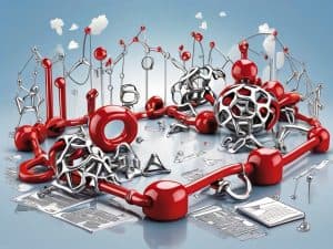 An abstract scene depicts a network of red and silver geometric structures, including spheres and interconnected shapes, placed among scattered papers and documents. The background has a gradient of blue, with small clouds floating above. - Ketamine
