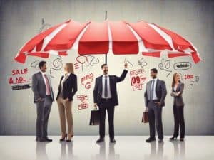 A group of five businesspeople stand under a large red umbrella, discussing ideas. The background has business-related doodles and text, including words like
