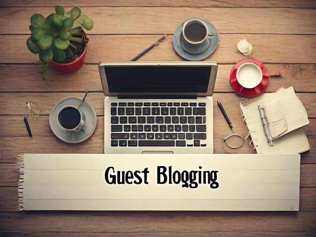 A laptop rests on a wooden table amidst three cups of coffee, a plant, a notebook with a pen, and a pair of glasses. The words