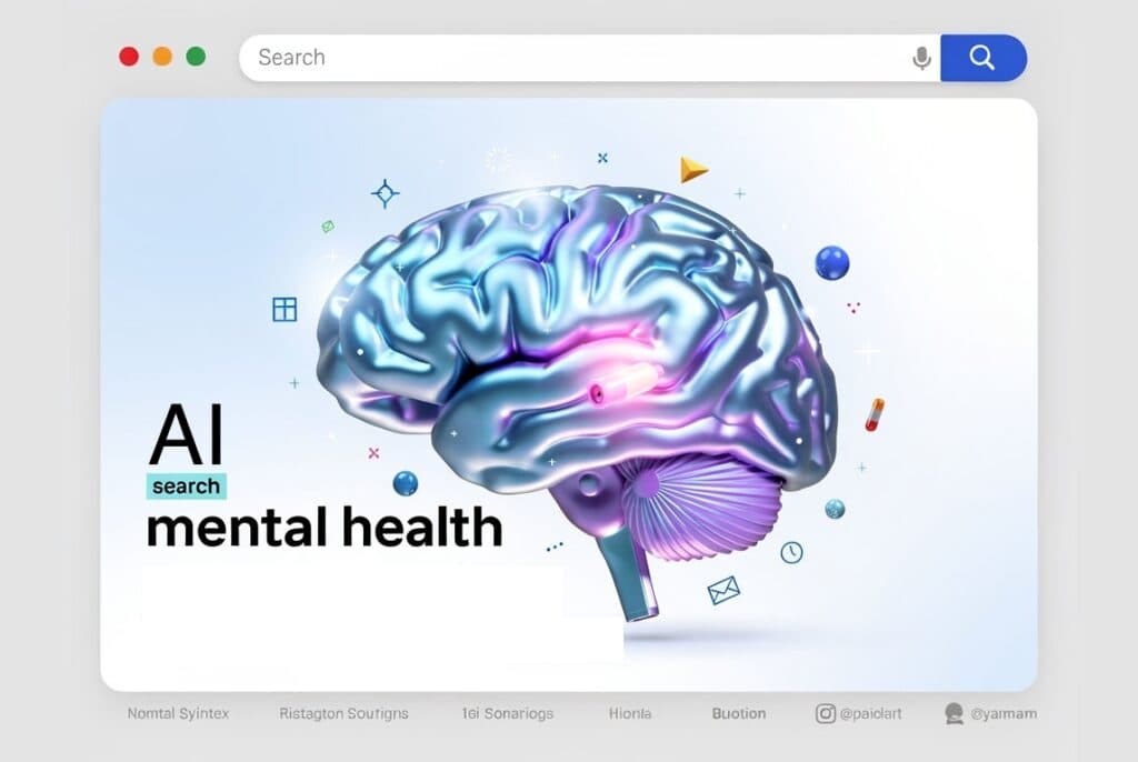 A computer screen displays a stylized digital brain with abstract icons and the text 