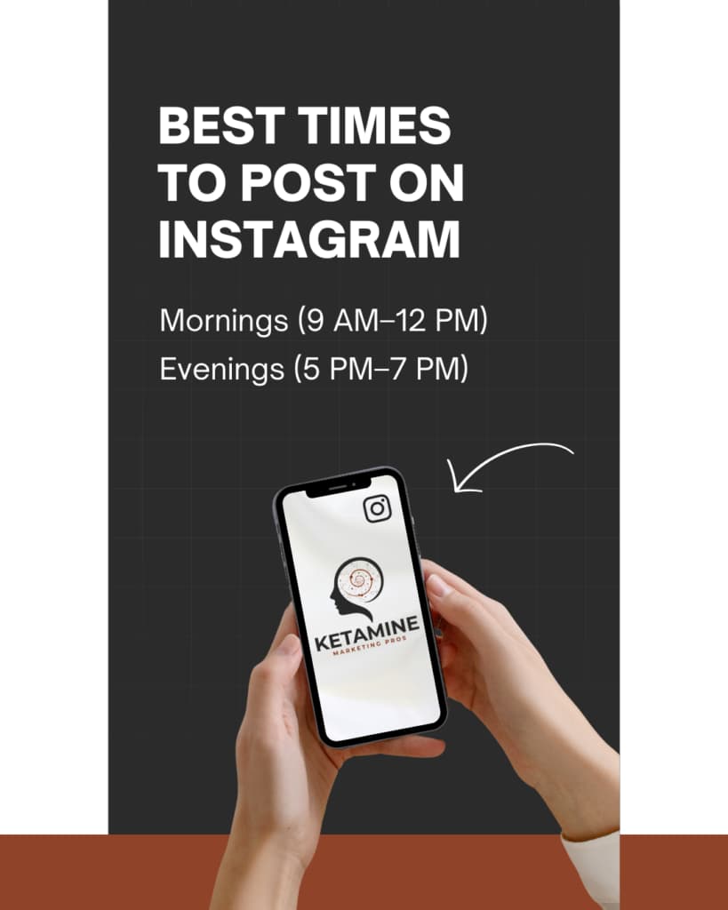 A person holds a smartphone displaying a ketamine-related logo. Text above reads, "Best times to post on Instagram: Mornings (9 AM–12 PM), Evenings (5 PM–7 PM)"—ideal tips for ketamine clinics using Instagram marketing as a key channel. An arrow points to the phone. - Ketamine