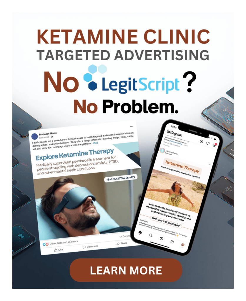 An advertisement for ketamine clinic targeted advertising, featuring social media posts and the text, 