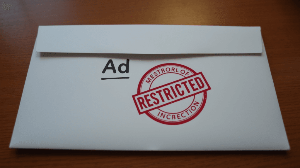 A white envelope labeled "Ad" with a large red "RESTRICTED" stamp and the partially visible words "MESTRORL OF INCRETION," placed on a wooden surface, highlights strict advertising restrictions for ketamine therapy. - Ketamine