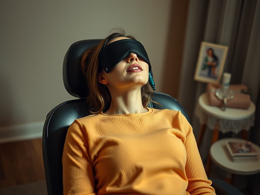 A woman wearing an orange shirt sits in a reclining chair with a black sleep mask over her eyes, beginning her clinical journey. A small table with a photo frame, a cup, and a book is visible in the background. - Ketamine