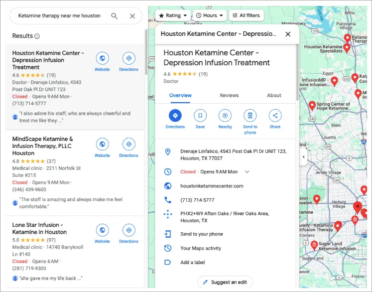 A screenshot of Google Maps search results for