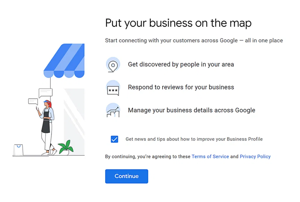 A Google Business Profile promotional graphic. On the left, an illustration shows a person standing outside a store under a blue awning. On the right, text outlines benefits of the service: local discovery, review responses, and business management. "Continue" button below. - Ketamine