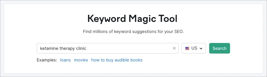 Screenshot of the Keyword Magic Tool interface. The search bar contains the text 