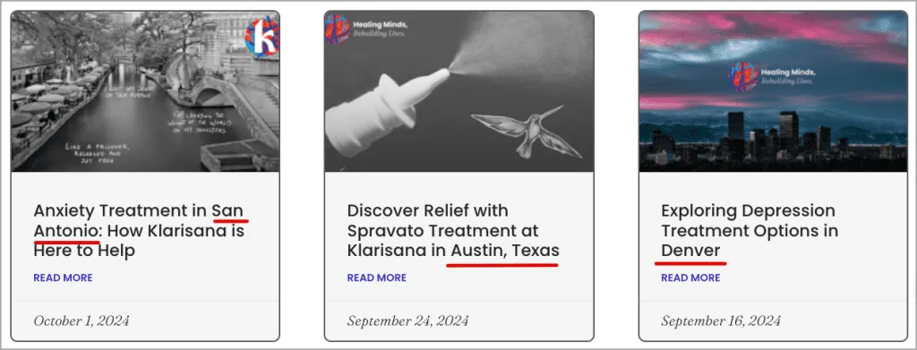 Three event cards feature upcoming sessions: Anxiety treatment in San Antonio on October 1, 2024; Spravato at an Austin ketamine clinic on September 24, 2024; and Depression treatment options in Denver on September 16, 2024. Each card includes a "Read More" link alongside the Healing Minds logo. - Ketamine