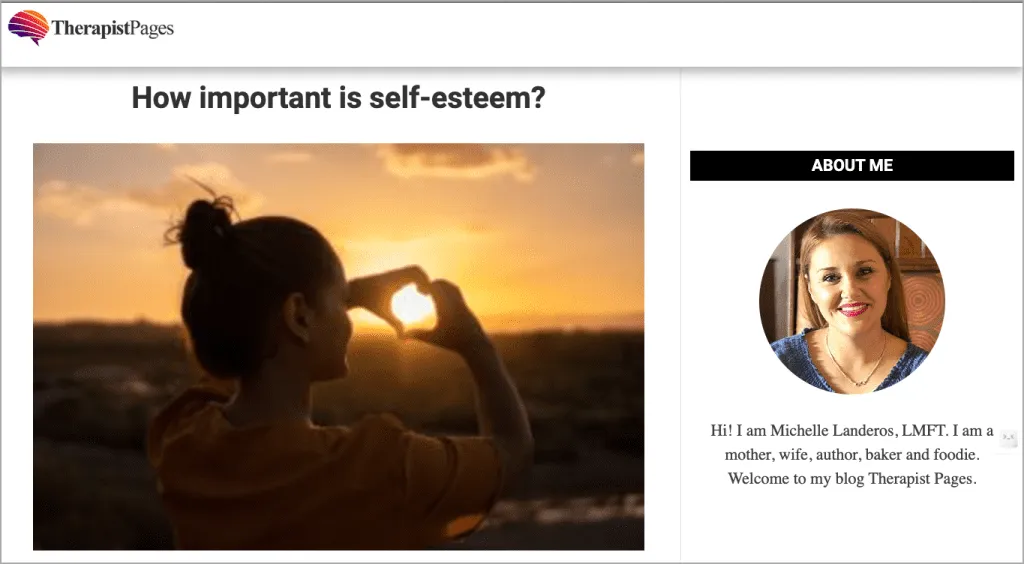 A person forms a heart shape with their hands in front of a sunset. The sidebar features a profile photo of Michelle Landers, LMFT, with a short intro about her as a mother, writer, and foodie. Explore guest posting opportunities on her blog,