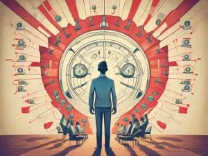 A person stands in front of a large clock-like structure with red and white stripes. Around the clock, people are seated, working on laptops. Small devices resembling cameras or microphones are scattered around the clock face. - Ketamine