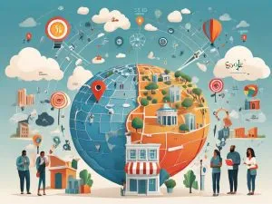 Illustration of a globe divided into two halves, depicting cityscapes and rural areas with various digital icons and symbols representing communication and connectivity. People are interacting with each other and using electronic devices around the globe. - Ketamine