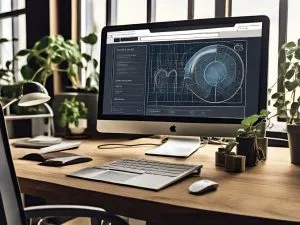 A modern computer setup on a wooden desk features a large screen displaying technical blueprints and diagrams. The workspace includes a keyboard, mouse, notepad, and lamp. Potted plants are arranged around the desk, and a window in the background lets in natural light. - Ketamine