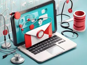 A laptop displays medical icons on its screen. A red and white envelope protrudes from the screen with a stethoscope, symbolizing medical communication. Various medical tools, like stethoscopes and a reflex hammer, are placed around the laptop. - Ketamine