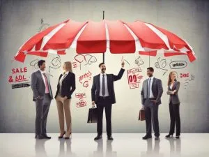 A group of five businesspeople stand under a large red umbrella, discussing ideas. The background has business-related doodles and text, including words like 