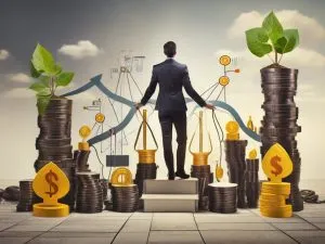 A man in a suit stands on a podium surrounded by stacks of coins with plants growing and golden dollar symbols. Charts and graphs are in the background, suggesting themes of financial growth and investment. - Ketamine