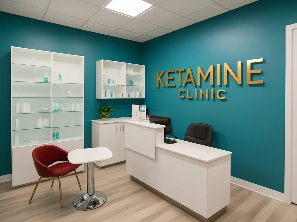 A modern clinic reception area boasts a teal accent wall adorned with