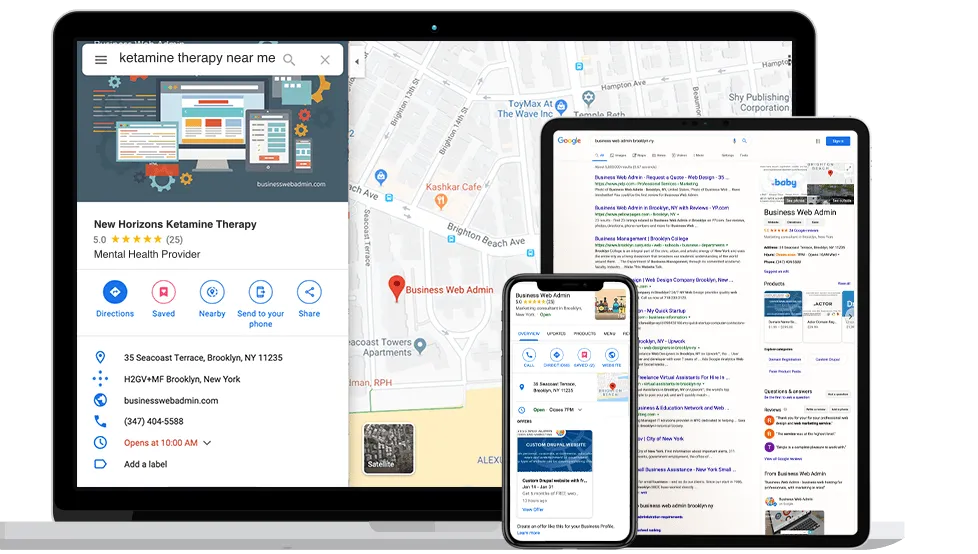 A laptop, tablet, and smartphone are displayed against a white background. All screens show search results for "ketamine therapy near me" on Google Maps. The laptop and tablet provide map views with details about a therapy center; the phone shows search results for centers close to home. - Ketamine