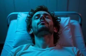 A person with curly hair and a beard is lying on a hospital bed, eyes closed, wearing a white shirt. The dim bluish lighting creates a solemn atmosphere, evoking the forward-thinking approach of mental health providers. The background features a vertical panel design. - Ketamine