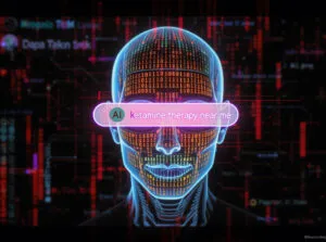 A digital illustration of a human head with binary code and neon blue outlines, wearing futuristic glasses. A search bar powered by AI search displays 