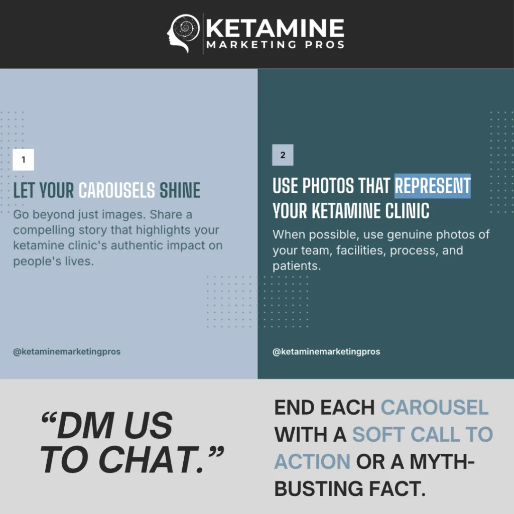 A split graphic with tips for ketamine clinic marketing. Left panel: Instagram strategies like carousels with authentic images and stories. Right panel: highlights clinic photos for patient attraction. Bottom: encourages a DM call to action in carousels. - Ketamine