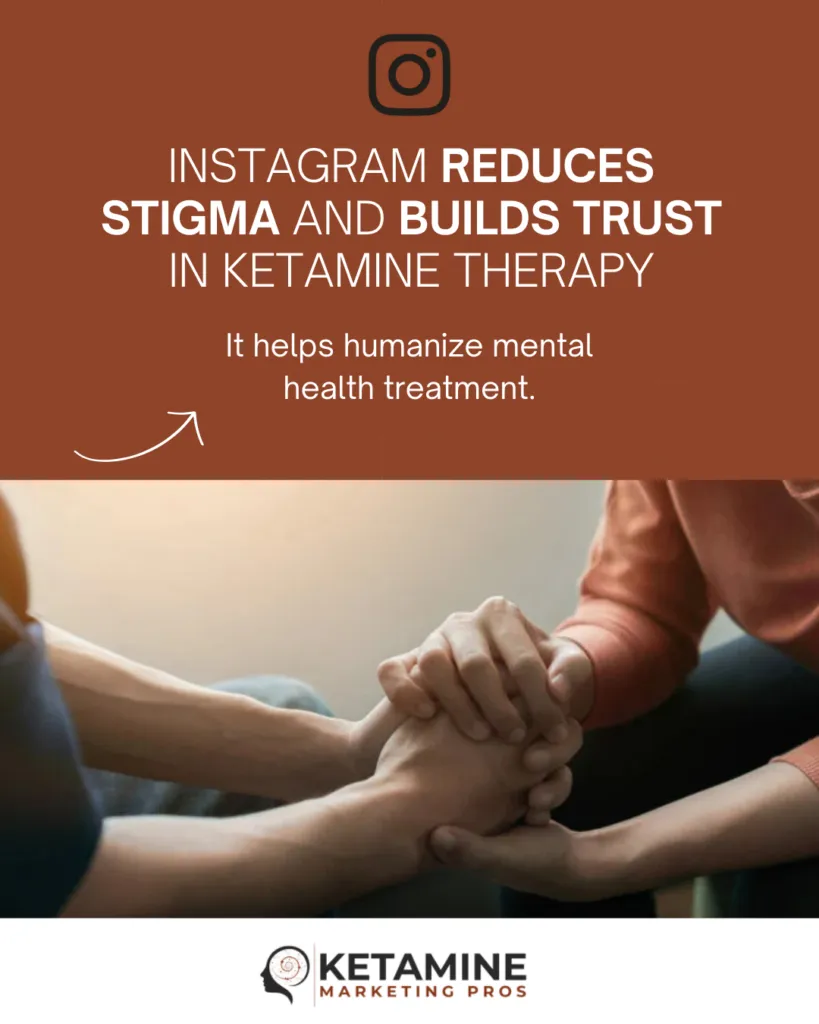 Two people sit and hold hands, suggesting support. Text above reads, “Instagram marketing reduces stigma and builds trust in ketamine therapy,” with the subtext, “It helps humanize mental health treatment.” Ketamine Marketing Pros logo at bottom. - Ketamine
