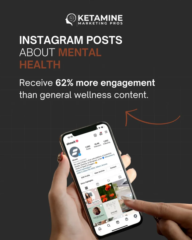 A hand holding a smartphone displays an Instagram profile. Text on the image reads: 