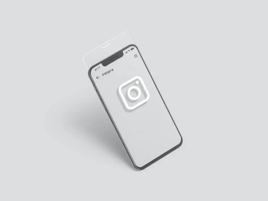 A smartphone with a white screen displays a large Instagram logo in the center. The phone floats above a light grey surface, suggesting Instagram strategies for ketamine clinics seeking patient attraction in a minimal, modern setting. - Ketamine