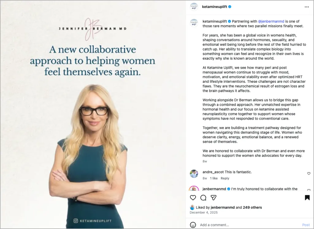 A woman with long blonde hair and glasses stands with arms crossed in front of a white background. Text reads: 