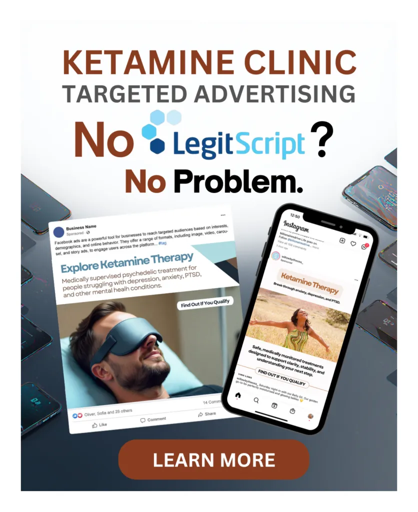 Promotional graphic for ketamine marketing clinic advertising. Displays example ads on social media, the text 
