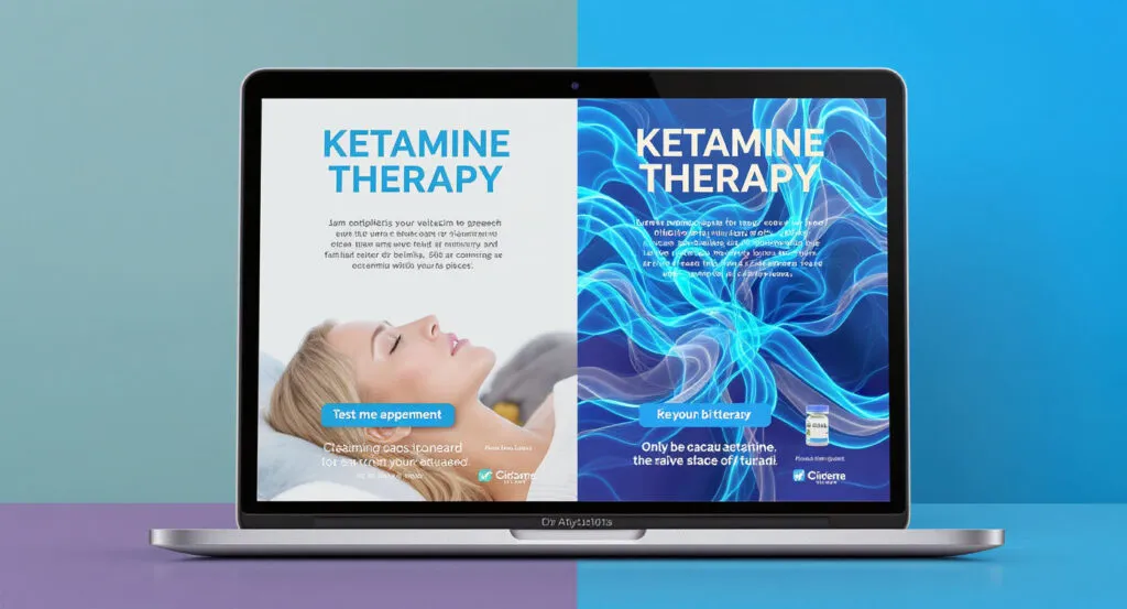 A laptop displays two side-by-side digital ads for ketamine therapy, highlighting treatment options. The left ad shows a relaxing woman with informative text, while the right features abstract blue graphics—all designed to advertise ketamine therapy within advertising restrictions. - Ketamine