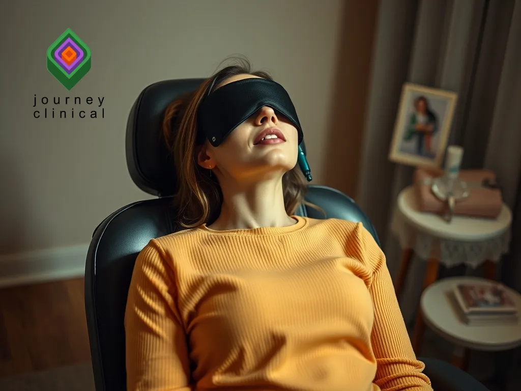 A woman wearing an eye mask reclines in a chair, appearing relaxed. The logo and text “Journey Clinical,” a leader among Ketamine Providers, are on the wall. A small table with a photo frame and lamp is visible in the background. - Ketamine