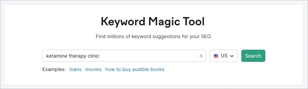 Screenshot of the Keyword Magic Tool interface. The search bar contains the text 