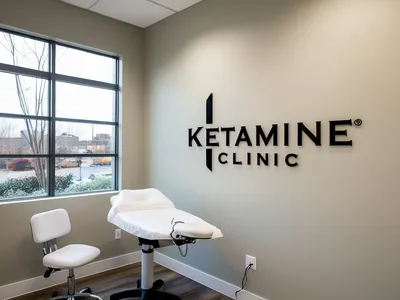 A modern medical room designed for ketamine therapy patients features a white treatment chair and stool. A window offers an exterior view while the wall displays 
